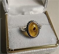 Amber & Sterling Ring Sz 5.5