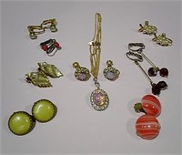 7 Pairs of Clip On Earrings & Fire Opal Pendant w/