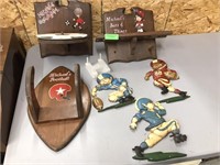 Wooden sports wallhangers,vintage metal figurines