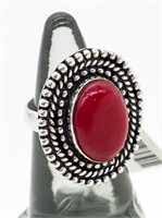 German Silver Ring - Sz 7 Red Coral