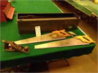 Metal Saw Box with Saws and Wood Plane