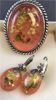 Clip On Earrings & Pin Lot Orange Floral Resin
