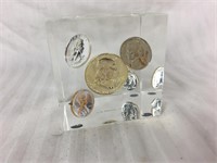 1959 Coins In Lucite Cube.