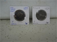 2 US LARGE CENT COINS 1834 & 1835