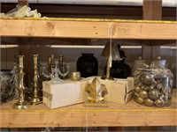 Shelf Lot of Brass Decor & Other Decor