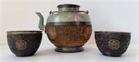 Chinese Pewter Coconut Tea Set