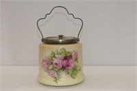 English Pottery Biscuit Barrel with Roses 6"H