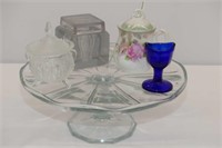 Glass 9" Cake Stand, Cobalt Glass Eyewash Cup