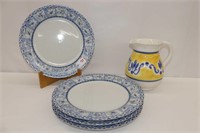 4 Blue & White 11" Plates And Pitcher