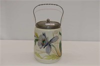 Milk Glass Biscuit Jar Floral Motif, 7"H