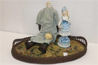 21" Wicker Tray, Bisque Figurine and