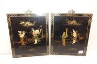 2 Oriental Lacquered Panels With Mother Of Pearl