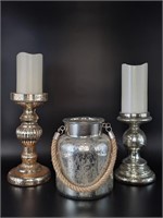 (3) Silver-Tone Decor: 2- Pillar Candle Holders +