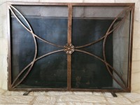Brass and Black Mesh Wire Footed Fireplace Screen