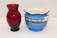 Fluted Pottery Jardinière 5"H, Ruby Vase 6"H