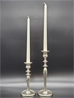 (2) Silvertone Candlesticks with Tapered Candles