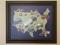 Signed US Map Artwork w/ Vehicles, Kid Room Decor