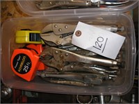 BOX OF VISE GRIPS & TAPE MEASURES