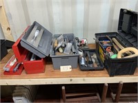 4 boxes trowels, sander, bolts, screws