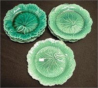 Nine Wedgwood green leaf majolica plates