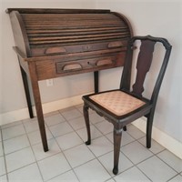 Antique Oak Rolltop Writing Desk w/ Chair
