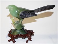 Vintage Chinese carved jade Bird figure & stand