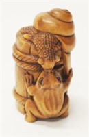 Japanese carved boxwood Frog and Snail netsuke