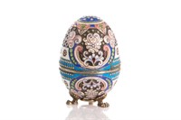 IMPERIAL RUSSIAN SILVER ENAMEL EGG ON STAND, 175g