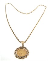 22 kt Indian head coin on 14kt chain rope necklace