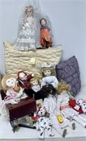 Mixed Lot with Vintage Dolls, Pillows, & More