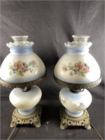 Vintage hand painted milk glass hurricane lamps