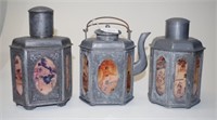 Three vintage Chinese pewter tea cannisters