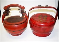 Two Chinese red lacquered food carry baskets