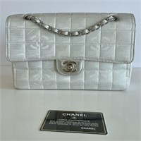 Authentic Chanel Bag Silver and White Logo Fabric