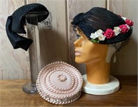 Three Vintage Ladies Straw Hats And Stands