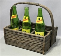 Old Wicker Carry-All Basket w/3 Squirt Soda Bottle