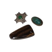 Vintage Brooch Tigers Eye,Malachite,Jade