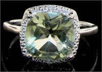 Cushion Cut 4.11 ct Green Amethyst & Diamond Ring