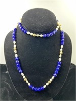 Cultured blue and pearl lapis necklace, gold clasp