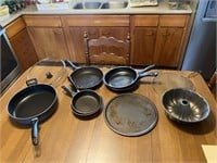 6 Skillets, one bundt pan, and one tray