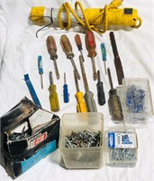 Lot of Hand Tools, Tackle Box, Hardware & a Light