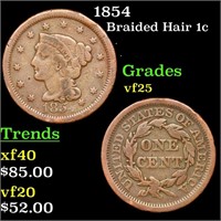 1854 Braided Hair Large Cent 1c Grades vf+