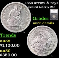 1853 arrow & rays Seated Liberty Quarter 25c Grade