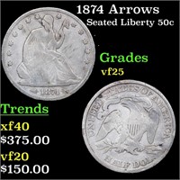 1874 Arrows Seated Half Dollar 50c Grades vf+