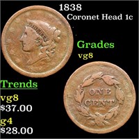 1838 Coronet Head Large Cent 1c Grades vg, very go