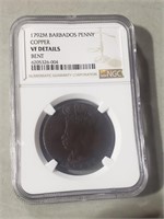 1792 Barbados Penny Copper VF Details Bent NGC.Y25