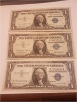 3 USA $1 Silver Certificate Blue Seal 1957,A,B