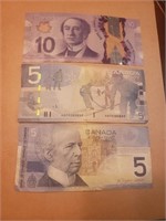 Canada $5 x2 & $10 Polymer in a good condition