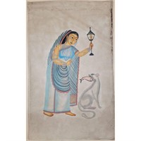 Old Indian Kalighat Watercolor Painting