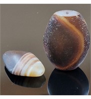 Lot Of 2 Ancient Agate Bactrian Beads Oval Shaped